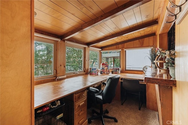 921 Anita Ave, Big Bear City, CA 92314 - home office featuring wood ceiling, built in study area, wine cooler, and carpet floors