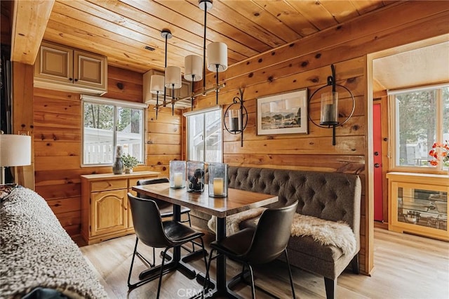 921 Anita Ave, Big Bear City, CA 92314 - dining area with wood ceiling, light wood finished floors, wooden walls, healthy amount of natural light, and a chandelier