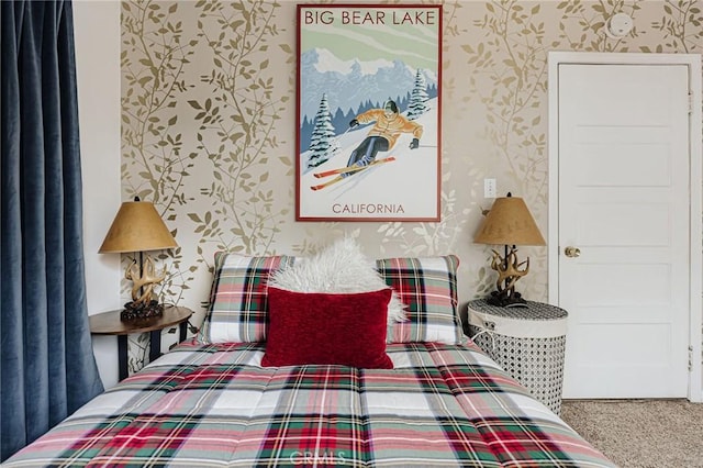 921 Anita Ave, Big Bear City, CA 92314 - bedroom with wallpapered walls and carpet flooring