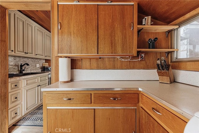 921 Anita Ave, Big Bear City, CA 92314 - kitchen with a sink, light countertops, wooden ceiling, backsplash, and open shelves