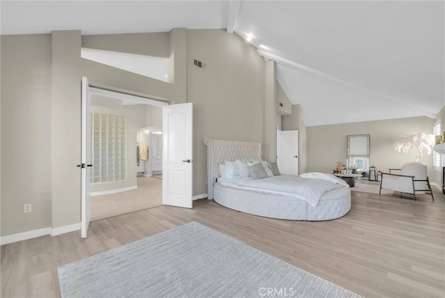 27055 Big Horn Mountain Way, Yorba Linda, CA 92887 - bedroom featuring high vaulted ceiling, wood finished floors, beamed ceiling, and baseboards