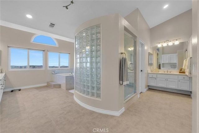 27055 Big Horn Mountain Way, Yorba Linda, CA 92887 - bathroom featuring vanity, a shower with door, baseboards, tile patterned flooring, and recessed lighting