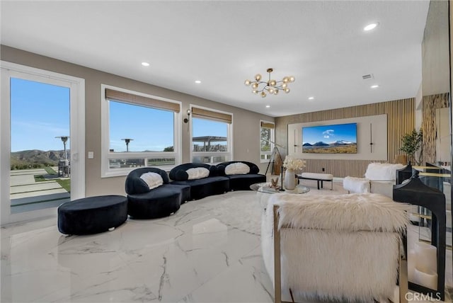 27055 Big Horn Mountain Way, Yorba Linda, CA 92887 - living room featuring recessed lighting, marble finish flooring, and a chandelier