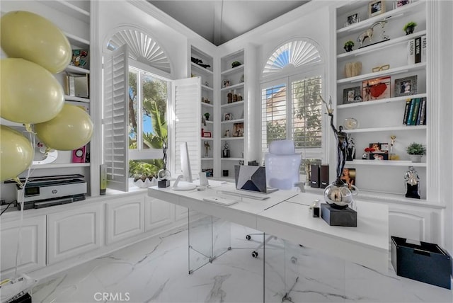 27055 Big Horn Mountain Way, Yorba Linda, CA 92887 - office area with built in shelves, marble look tile flooring, and built in desk