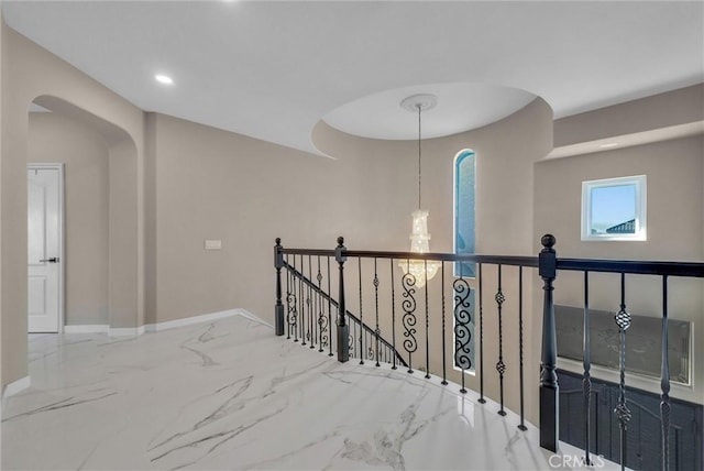 27055 Big Horn Mountain Way, Yorba Linda, CA 92887 - hall featuring marble tiled flooring, arched walkways, an upstairs landing, baseboards, and recessed lighting