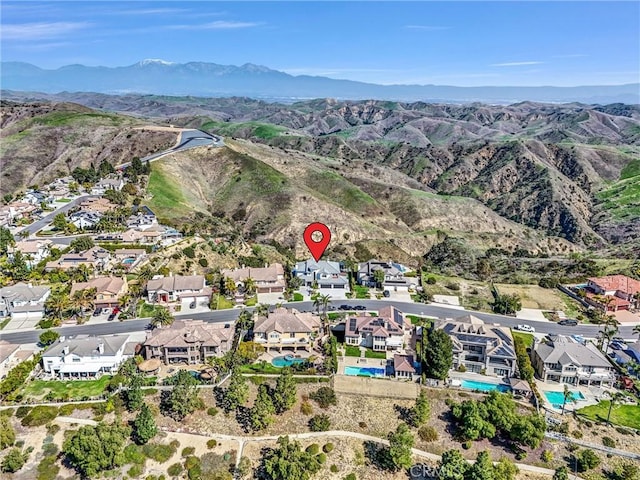 27055 Big Horn Mountain Way, Yorba Linda, CA 92887 - aerial overview of property's location featuring a pool, mountains, and nearby suburban area