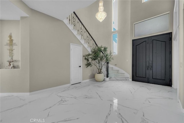 27055 Big Horn Mountain Way, Yorba Linda, CA 92887 - entrance foyer featuring stairs, a high ceiling, marble tiled flooring, and baseboards