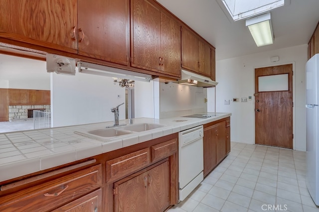 1947 Palacios Dr, San Pedro, CA 90732 - kitchen featuring white appliances, a sink, brown cabinets, under cabinet range hood, and tile counters