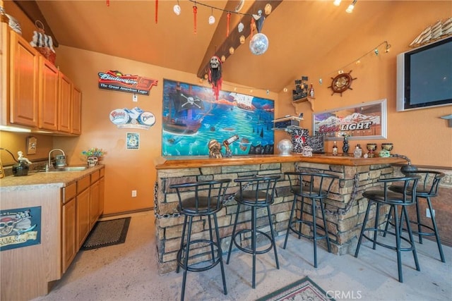 indoor wet bar with vaulted ceiling