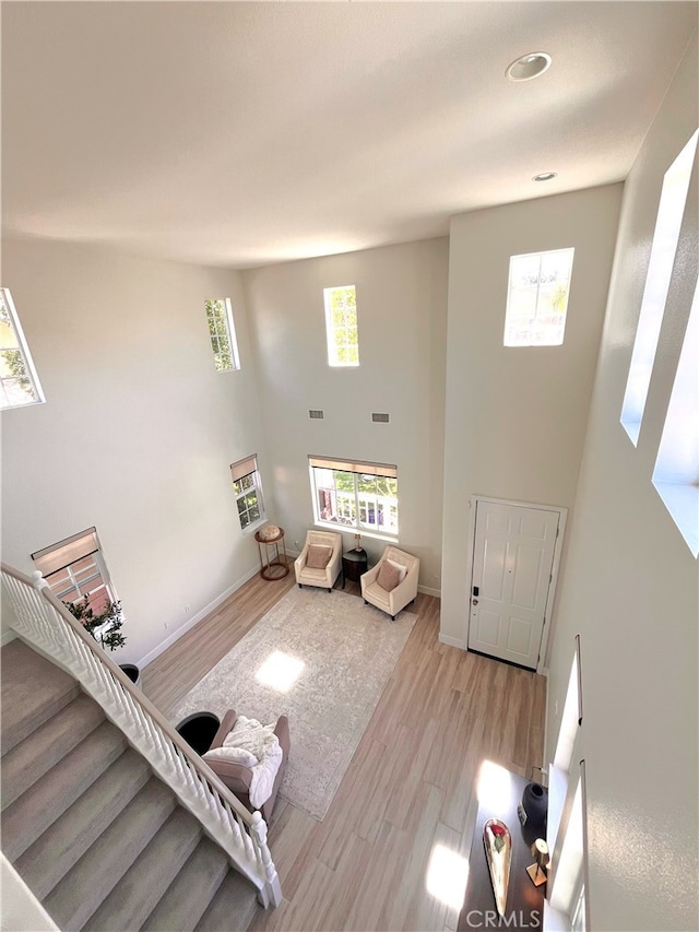 45723 Pheasant Pl, Temecula, CA 92592 - living area with a high ceiling, light wood-style flooring, and baseboards