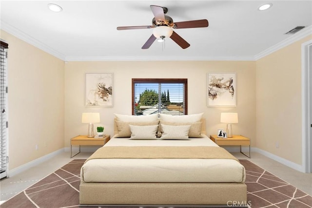4818 Lemona Ave, Sherman Oaks, CA 91403 - carpeted bedroom with ornamental molding, recessed lighting, baseboards, and a ceiling fan