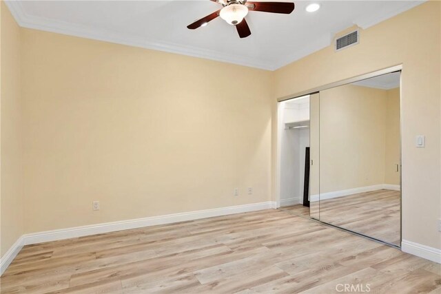 4818 Lemona Ave, Sherman Oaks, CA 91403 - unfurnished bedroom with light wood-style floors, ornamental molding, baseboards, a closet, and recessed lighting