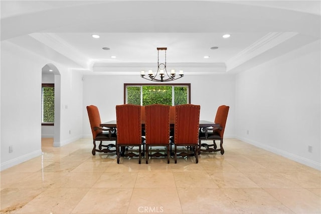 4818 Lemona Ave, Sherman Oaks, CA 91403 - dining room with a tray ceiling, ornamental molding, plenty of natural light, a chandelier, and recessed lighting