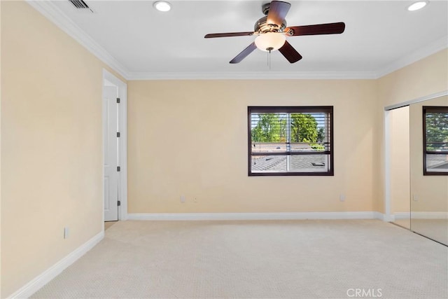 4818 Lemona Ave, Sherman Oaks, CA 91403 - empty room with light carpet, healthy amount of natural light, crown molding, recessed lighting, and a ceiling fan