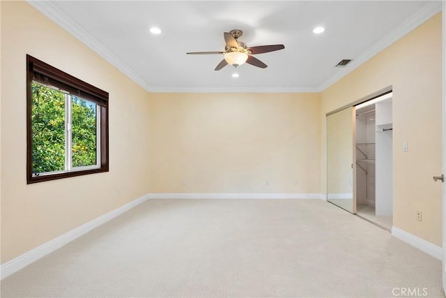 4818 Lemona Ave, Sherman Oaks, CA 91403 - unfurnished bedroom featuring light colored carpet, recessed lighting, ornamental molding, baseboards, and a closet