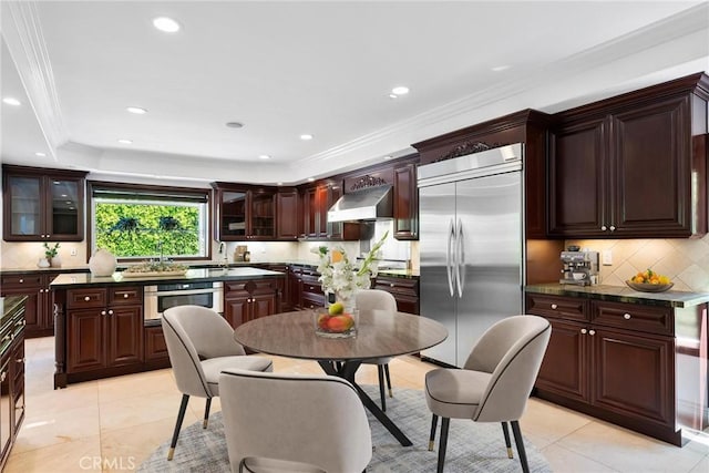 4818 Lemona Ave, Sherman Oaks, CA 91403 - kitchen with stainless steel appliances, wall chimney exhaust hood, decorative backsplash, glass insert cabinets, and crown molding