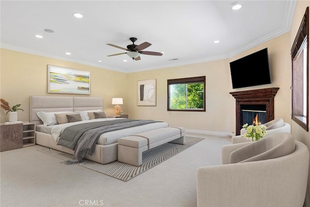 4818 Lemona Ave, Sherman Oaks, CA 91403 - bedroom with carpet flooring, recessed lighting, a glass covered fireplace, ornamental molding, and ceiling fan