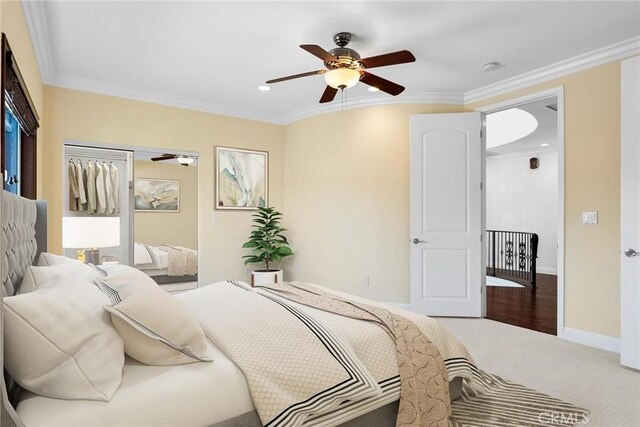 4818 Lemona Ave, Sherman Oaks, CA 91403 - carpeted bedroom with crown molding, baseboards, recessed lighting, and a ceiling fan