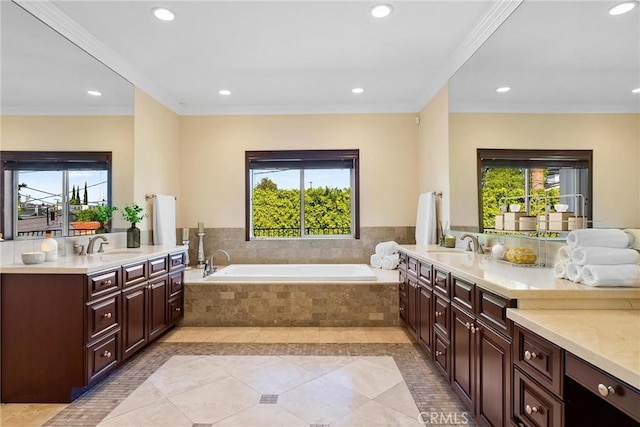 4818 Lemona Ave, Sherman Oaks, CA 91403 - full bath featuring plenty of natural light, tile patterned flooring, recessed lighting, a garden tub, and vanity