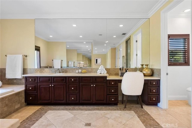 4818 Lemona Ave, Sherman Oaks, CA 91403 - bathroom featuring crown molding, tile patterned flooring, tiled bath, recessed lighting, and vanity