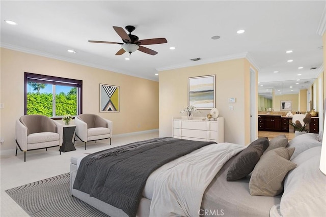 4818 Lemona Ave, Sherman Oaks, CA 91403 - bedroom featuring recessed lighting, baseboards, light carpet, crown molding, and connected bathroom