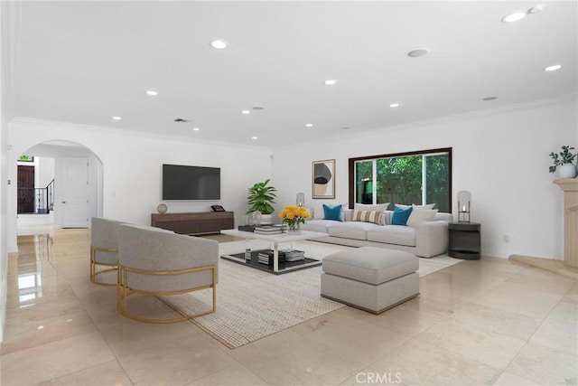 4818 Lemona Ave, Sherman Oaks, CA 91403 - living room with arched walkways, crown molding, and recessed lighting