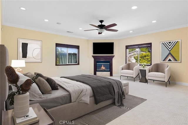 4818 Lemona Ave, Sherman Oaks, CA 91403 - carpeted bedroom featuring recessed lighting, baseboards, crown molding, a glass covered fireplace, and ceiling fan