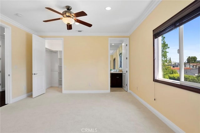 4818 Lemona Ave, Sherman Oaks, CA 91403 - unfurnished bedroom with ornamental molding, light colored carpet, baseboards, ensuite bath, and recessed lighting