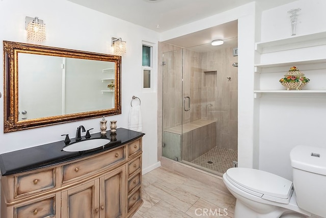8479 Moorcroft Ave, West Hills, CA 91304 - bathroom with toilet, a shower stall, vanity, and marble finish floors