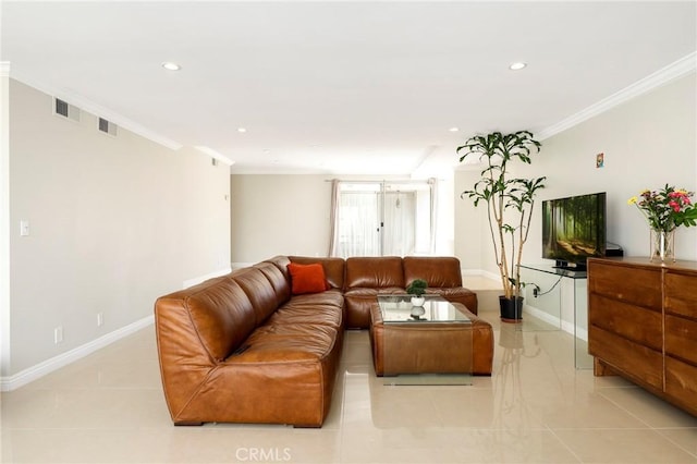 321 N Oakhurst Dr Unit 404, Beverly Hills, CA 90210 - living room with baseboards, ornamental molding, recessed lighting, and light tile patterned flooring