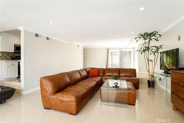 321 N Oakhurst Dr Unit 404, Beverly Hills, CA 90210 - living room featuring crown molding, recessed lighting, light tile patterned floors, and baseboards