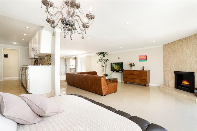 321 N Oakhurst Dr Unit 404, Beverly Hills, CA 90210 - bedroom featuring light tile patterned flooring, recessed lighting, a fireplace, a chandelier, and baseboards