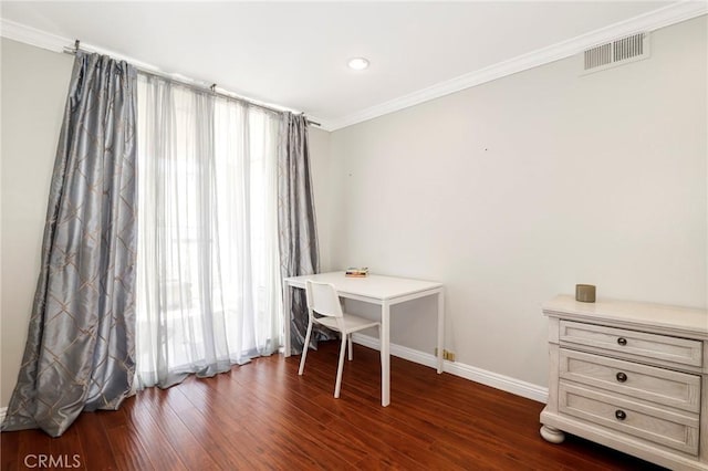 321 N Oakhurst Dr Unit 404, Beverly Hills, CA 90210 - office area with ornamental molding, baseboards, healthy amount of natural light, dark wood-style floors, and recessed lighting