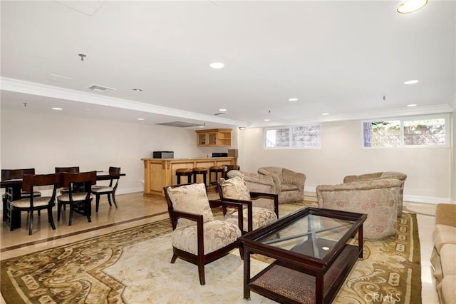 321 N Oakhurst Dr Unit 404, Beverly Hills, CA 90210 - living room featuring ornamental molding, healthy amount of natural light, recessed lighting, baseboards, and bar