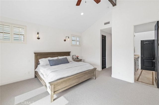 1715 Reed St, Redondo Beach, CA 90278 - bedroom with light colored carpet, ceiling fan, and high vaulted ceiling