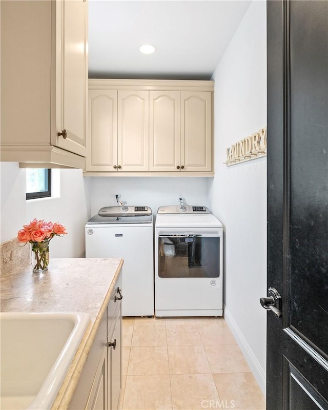 1715 Reed St, Redondo Beach, CA 90278 - washroom with washer and dryer, cabinet space, light tile patterned flooring, and recessed lighting