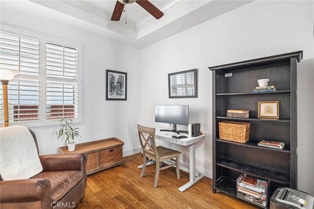 1715 Reed St, Redondo Beach, CA 90278 - office area featuring wood finished floors, ornamental molding, a ceiling fan, and a raised ceiling