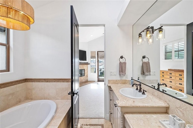 1715 Reed St, Redondo Beach, CA 90278 - full bath with a bath, healthy amount of natural light, vanity, tile patterned floors, and high vaulted ceiling
