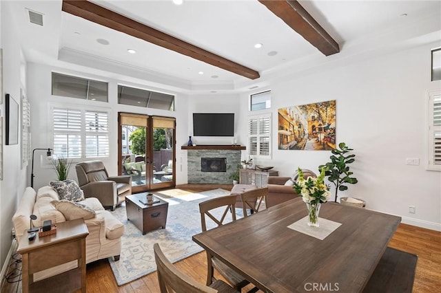 1715 Reed St, Redondo Beach, CA 90278 - living area featuring wood finished floors, beamed ceiling, recessed lighting, french doors, and a fireplace