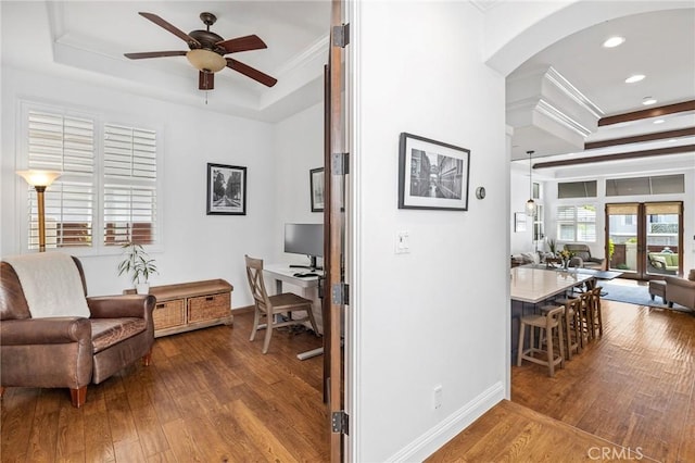 1715 Reed St, Redondo Beach, CA 90278 - living room with a raised ceiling, ornamental molding, ceiling fan, hardwood / wood-style floors, and arched walkways