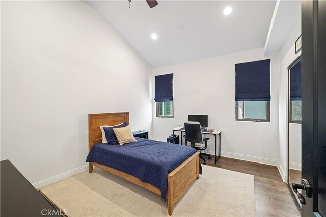 1715 Reed St, Redondo Beach, CA 90278 - bedroom featuring a desk, vaulted ceiling, wood finished floors, recessed lighting, and ceiling fan