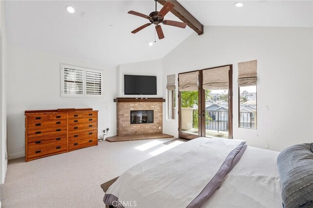 1715 Reed St, Redondo Beach, CA 90278 - bedroom featuring access to outside, beamed ceiling, a glass covered fireplace, carpet floors, and recessed lighting