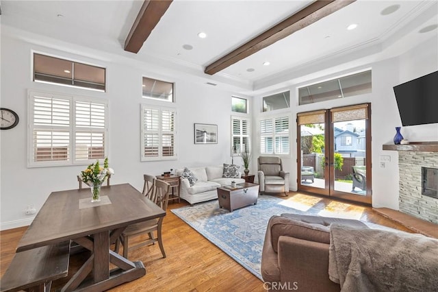 1715 Reed St, Redondo Beach, CA 90278 - living room featuring beamed ceiling, light wood-style flooring, a fireplace, recessed lighting, and crown molding