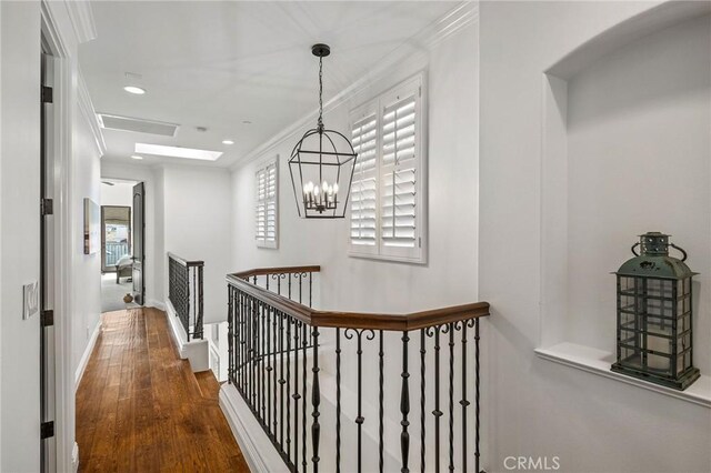 1715 Reed St, Redondo Beach, CA 90278 - hall with an upstairs landing, wood finished floors, a chandelier, recessed lighting, and ornamental molding