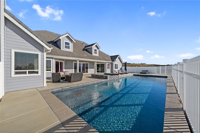 40267 Scanlon Rd, Temecula, CA 92592 - view of swimming pool featuring an outdoor living space, a fenced backyard, a patio area, and a pool with connected hot tub