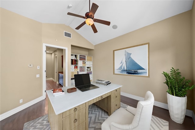 40267 Scanlon Rd, Temecula, CA 92592 - home office featuring ceiling fan, wood finished floors, baseboards, and lofted ceiling