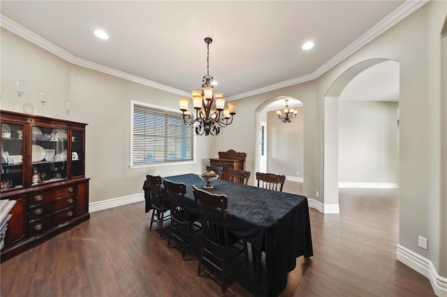 40267 Scanlon Rd, Temecula, CA 92592 - dining space featuring arched walkways, a chandelier, dark wood-type flooring, baseboards, and recessed lighting