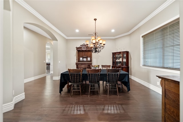 40267 Scanlon Rd, Temecula, CA 92592 - dining room featuring arched walkways, dark wood-style flooring, a chandelier, recessed lighting, and ornamental molding