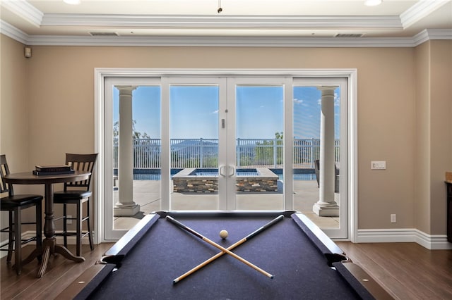40267 Scanlon Rd, Temecula, CA 92592 - game room featuring wood finished floors, ornamental molding, ornate columns, baseboards, and french doors