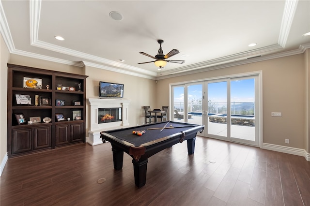 40267 Scanlon Rd, Temecula, CA 92592 - recreation room with ceiling fan, dark wood finished floors, a glass covered fireplace, baseboards, and billiards table